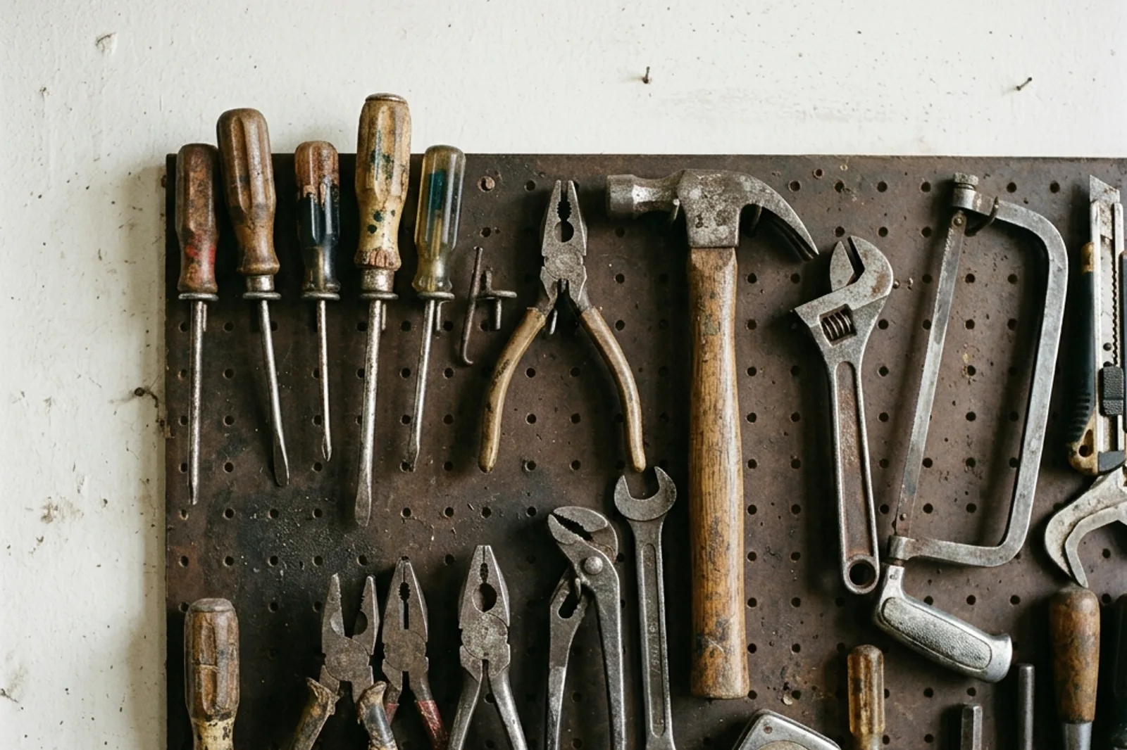 A collection of well-used hand tools hanging on a workshop pegboard.